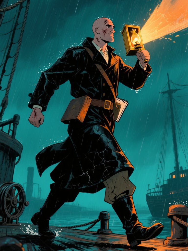 Squall on the night harbour with a signal lamp raised, the beam reaching out over the water